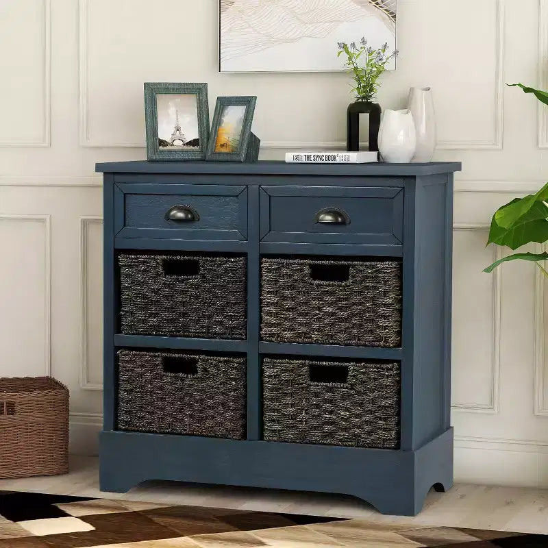 GDFStudio Elsie Meuble de rangement en bois massif avec tiroirs et paniers en rotin