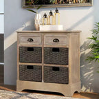 GDFStudio Elsie Meuble de rangement en bois massif avec tiroirs et paniers en rotin