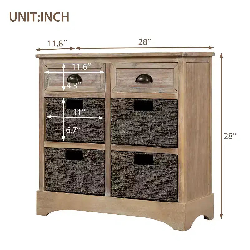 GDFStudio Elsie Meuble de rangement en bois massif avec tiroirs et paniers en rotin