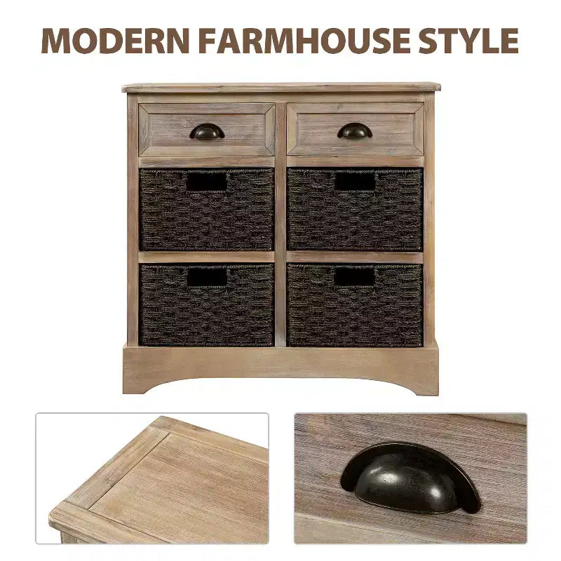 GDFStudio Elsie Meuble de rangement en bois massif avec tiroirs et paniers en rotin