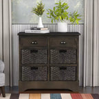 GDFStudio Elsie Meuble de rangement en bois massif avec tiroirs et paniers en rotin