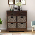 GDFStudio Elsie Meuble de rangement en bois massif avec tiroirs et paniers en rotin
