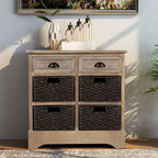 GDFStudio Elsie Meuble de rangement en bois massif avec tiroirs et paniers en rotin