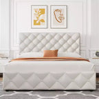 Cadre de lit Queen Size avec 4 tiroirs de rangement, tête de lit réglable, plateforme rembourrée en similicuir, capitonné de losanges, sans sommier à ressorts, blanc