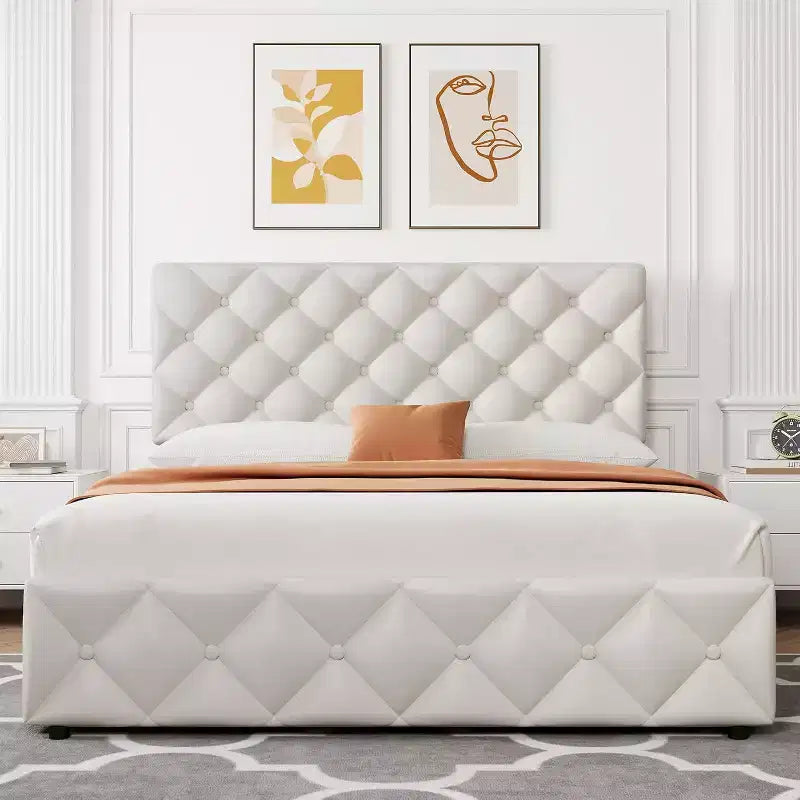 Cadre de lit Queen Size avec 4 tiroirs de rangement, tête de lit réglable, plateforme rembourrée en similicuir, capitonné de losanges, sans sommier à ressorts, blanc