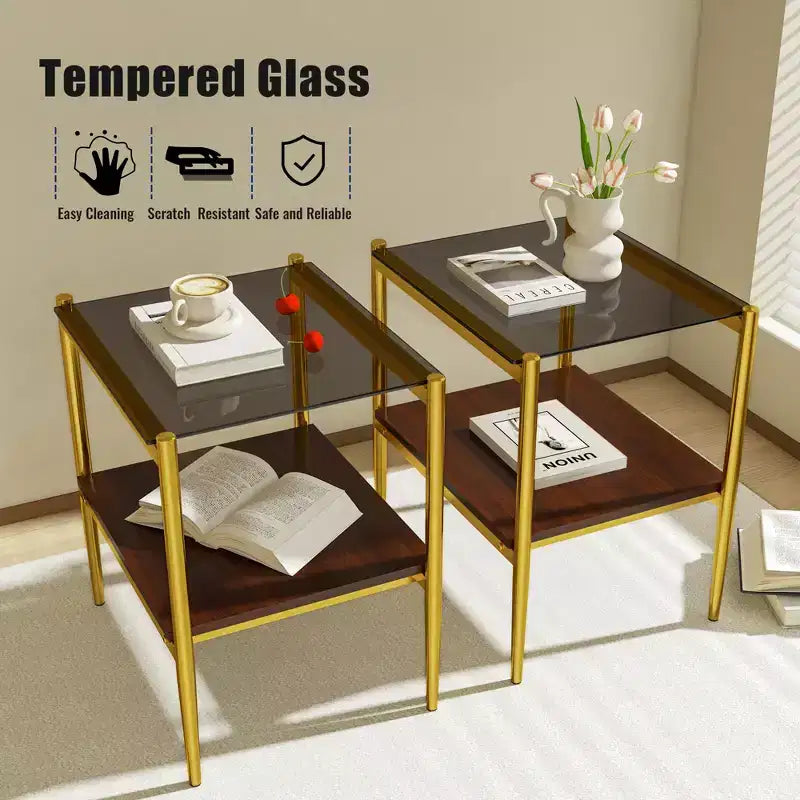 Ensemble de 3 tables basses et tables d'appoint, tables modernes en verre avec étagère de rangement en MDF et pieds en métal robustes pour le salon
