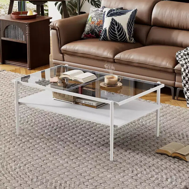Ensemble de 3 tables basses et tables d'appoint, tables modernes en verre avec étagère de rangement en MDF et pieds en métal robustes pour le salon