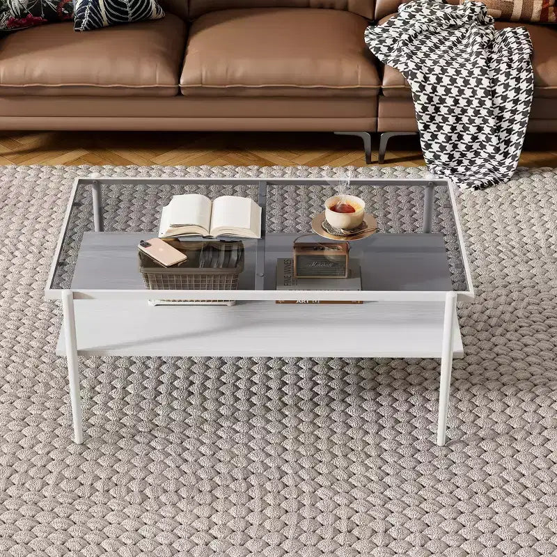 Ensemble de 3 tables basses et tables d'appoint, tables modernes en verre avec étagère de rangement en MDF et pieds en métal robustes pour le salon