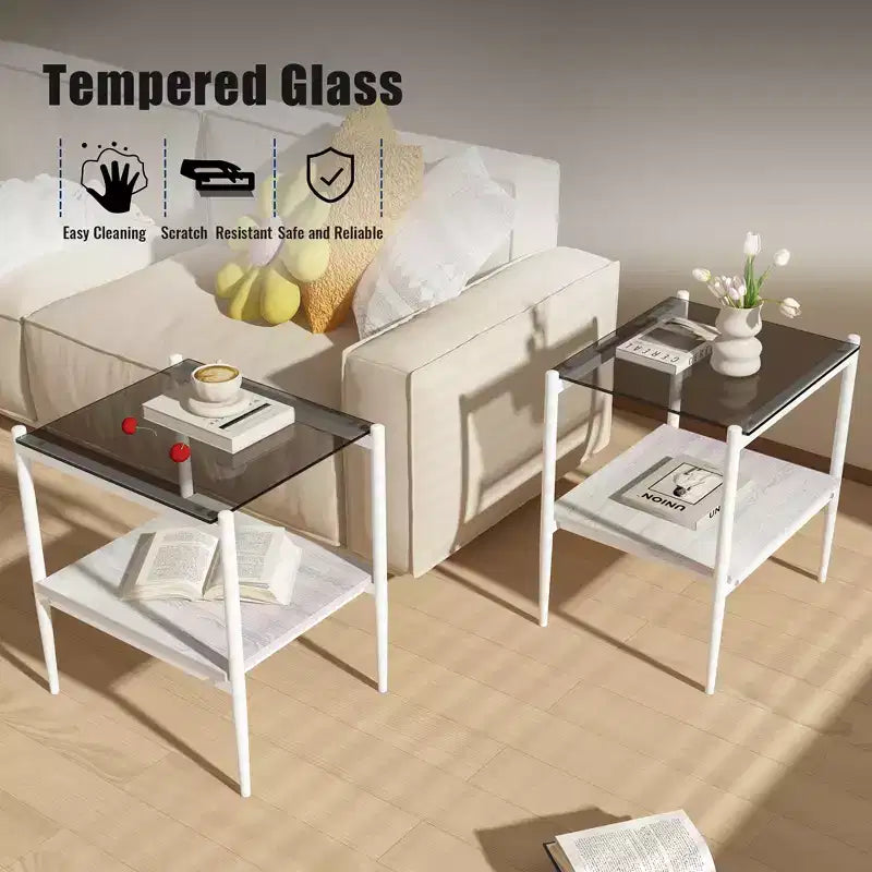 Ensemble de 3 tables basses et tables d'appoint, tables modernes en verre avec étagère de rangement en MDF et pieds en métal robustes pour le salon