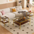 Set of 3 Coffee Table and End Tables, Modern Glass Tables with MDF Storage Layer and Sturdy Metal Legs for Living Room