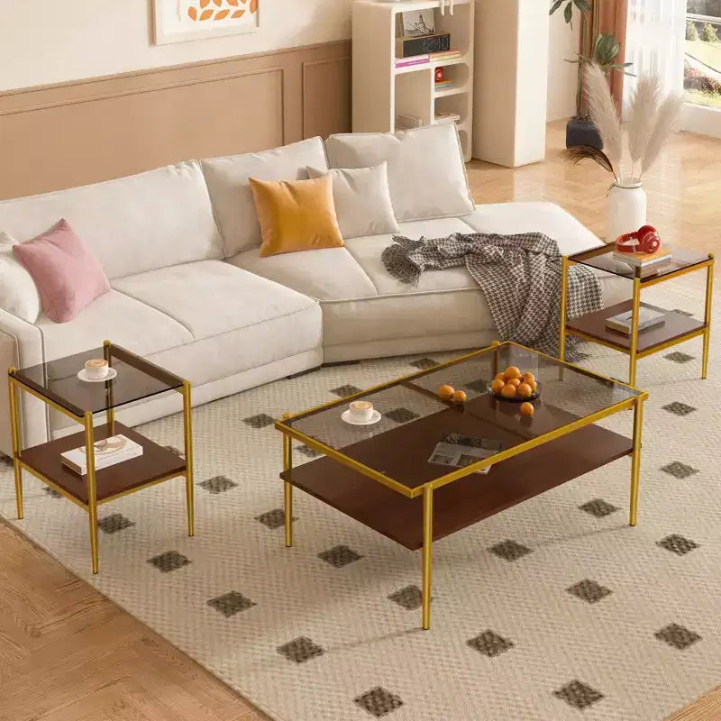 Set of 3 Coffee Table and End Tables, Modern Glass Tables with MDF Storage Layer and Sturdy Metal Legs for Living Room