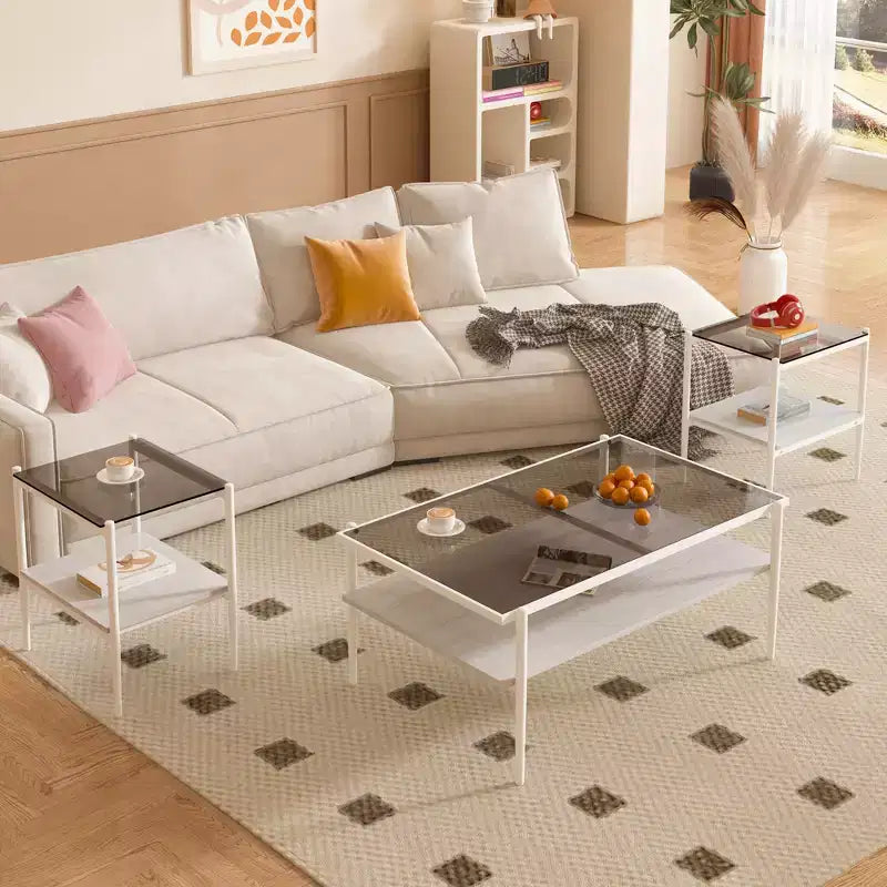 Ensemble de 3 tables basses et tables d'appoint, tables modernes en verre avec étagère de rangement en MDF et pieds en métal robustes pour le salon