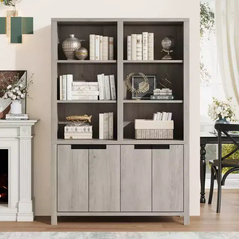Bibliothèque haute de 179,5 cm avec portes et étagère réglable, bibliothèque double de 5 niveaux avec armoire et double rangement, étagère en bois style ferme