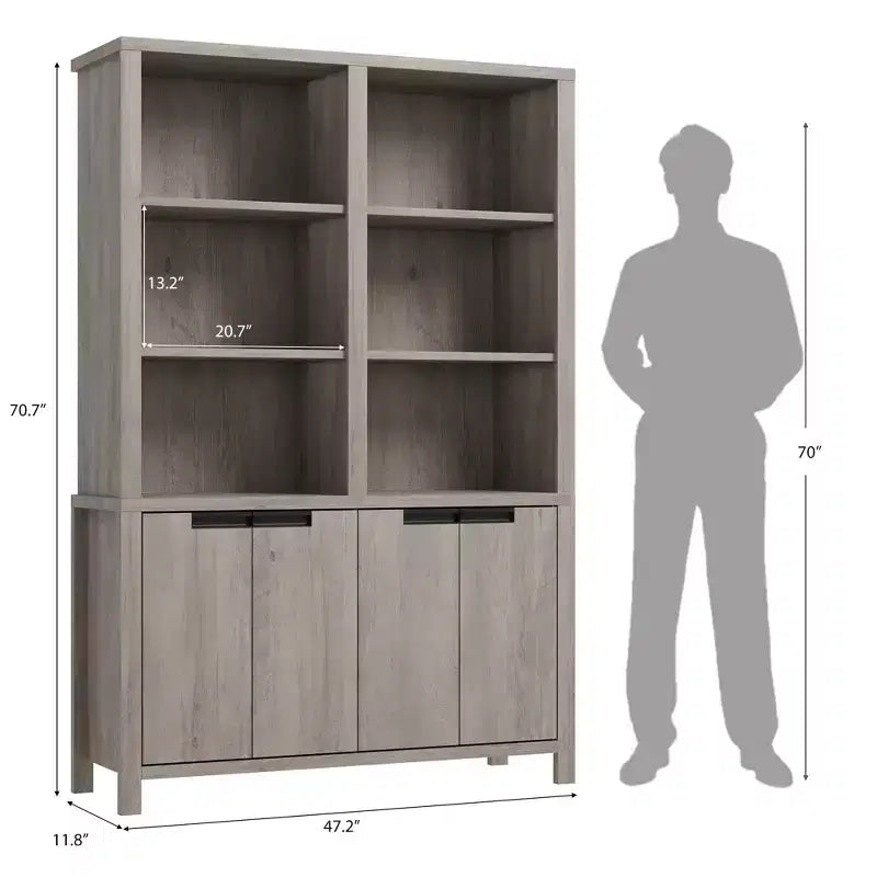 Bibliothèque haute de 179,5 cm avec portes et étagère réglable, bibliothèque double de 5 niveaux avec armoire et double rangement, étagère en bois style ferme