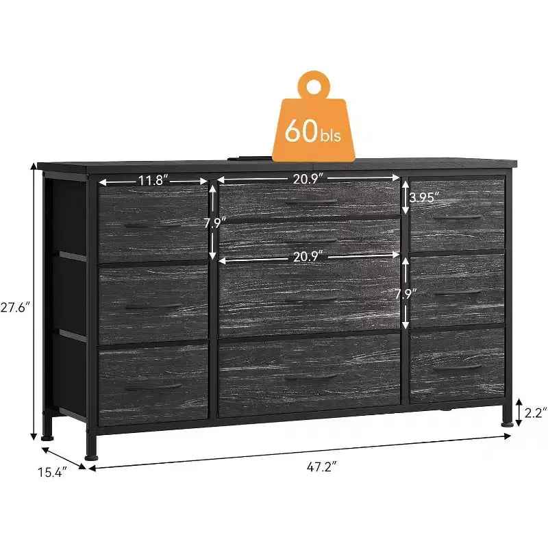 Meuble TV long de 55'' avec prise électrique, centre de divertissement, unité de rangement avec tiroirs en tissu pour chambre à coucher, commode large avec 10 grands tiroirs