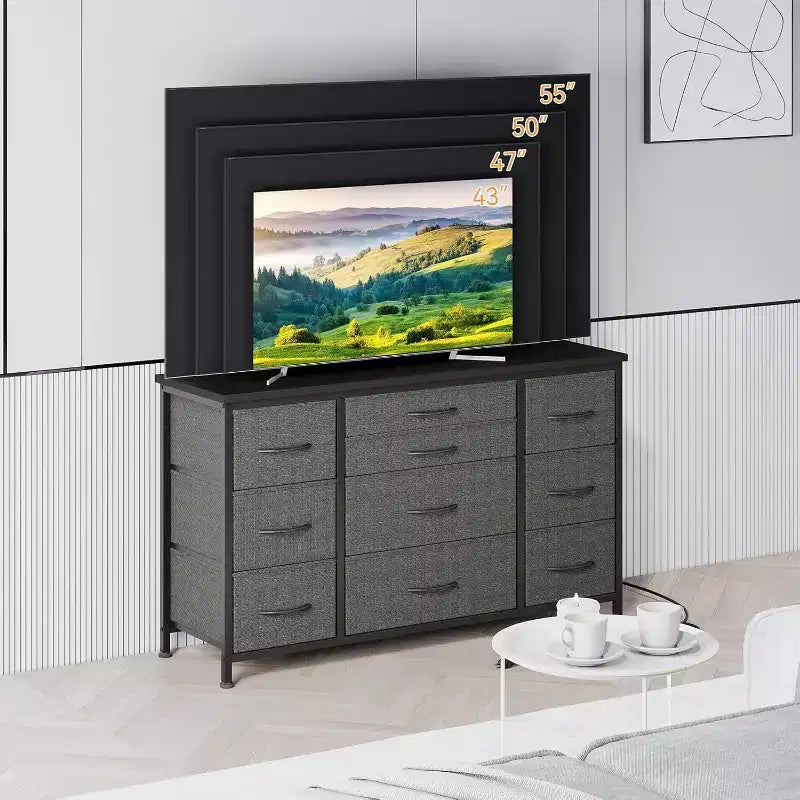 Meuble TV long de 55'' avec prise électrique, centre de divertissement, unité de rangement avec tiroirs en tissu pour chambre à coucher, commode large avec 10 grands tiroirs