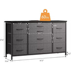 Meuble TV long de 55'' avec prise électrique, centre de divertissement, unité de rangement avec tiroirs en tissu pour chambre à coucher, commode large avec 10 grands tiroirs