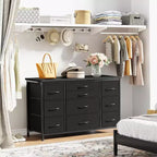 Meuble TV long de 55'' avec prise électrique, centre de divertissement, unité de rangement avec tiroirs en tissu pour chambre à coucher, commode large avec 10 grands tiroirs