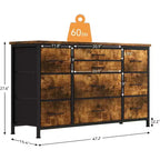 Meuble TV long de 55'' avec prise électrique, centre de divertissement, unité de rangement avec tiroirs en tissu pour chambre à coucher, commode large avec 10 grands tiroirs