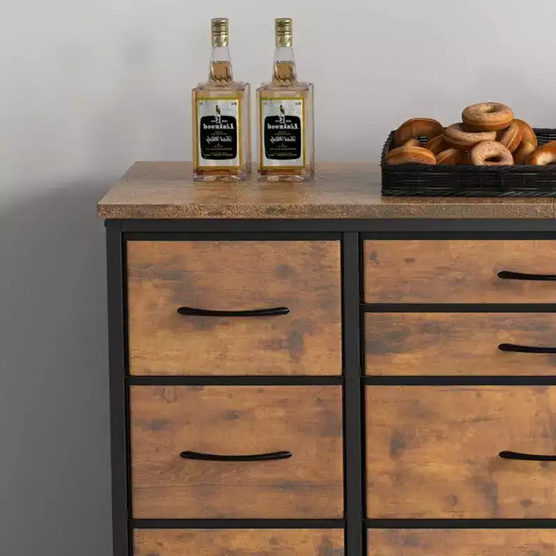Meuble TV long de 55'' avec prise électrique, centre de divertissement, unité de rangement avec tiroirs en tissu pour chambre à coucher, commode large avec 10 grands tiroirs