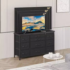 Meuble TV long de 55'' avec prise électrique, centre de divertissement, unité de rangement avec tiroirs en tissu pour chambre à coucher, commode large avec 10 grands tiroirs