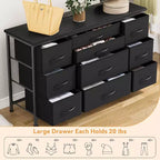 Meuble TV long de 55'' avec prise électrique, centre de divertissement, unité de rangement avec tiroirs en tissu pour chambre à coucher, commode large avec 10 grands tiroirs