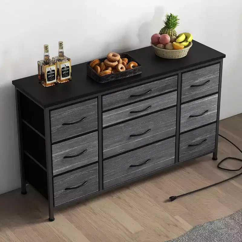 Meuble TV long de 55'' avec prise électrique, centre de divertissement, unité de rangement avec tiroirs en tissu pour chambre à coucher, commode large avec 10 grands tiroirs