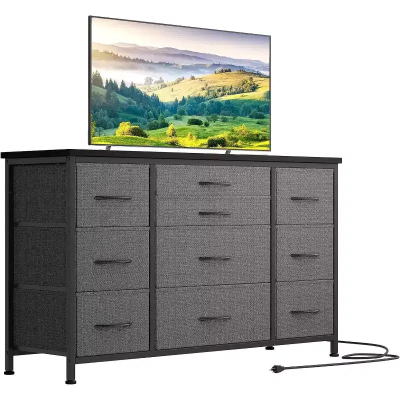 Meuble TV long de 55'' avec prise électrique, centre de divertissement, unité de rangement avec tiroirs en tissu pour chambre à coucher, commode large avec 10 grands tiroirs
