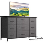 Meuble TV long de 55'' avec prise électrique, centre de divertissement, unité de rangement avec tiroirs en tissu pour chambre à coucher, commode large avec 10 grands tiroirs
