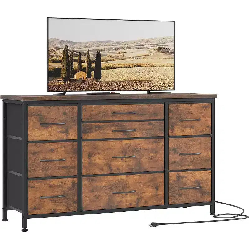 Meuble TV long de 55'' avec prise électrique, centre de divertissement, unité de rangement avec tiroirs en tissu pour chambre à coucher, commode large avec 10 grands tiroirs