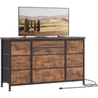 Meuble TV long de 55'' avec prise électrique, centre de divertissement, unité de rangement avec tiroirs en tissu pour chambre à coucher, commode large avec 10 grands tiroirs