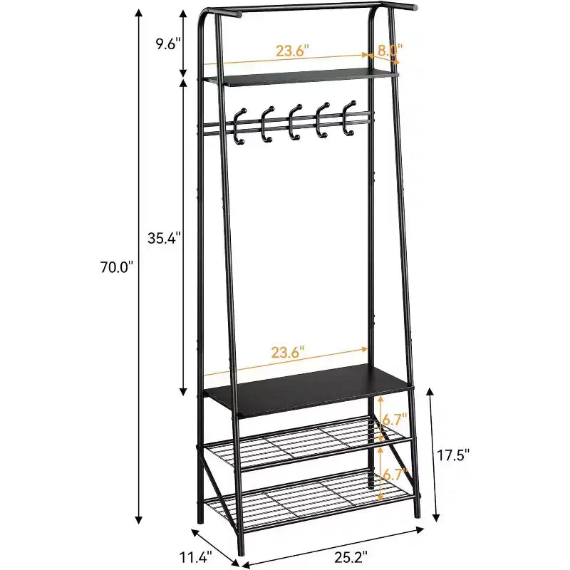 4-in-1 Hall Tree with Bench and Shoe Storage, Entryway Coat Rack with Hooks, Shelf, and Metal Frame Organizer