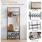 4-in-1 Hall Tree with Bench and Shoe Storage, Entryway Coat Rack with Hooks, Shelf, and Metal Frame Organizer