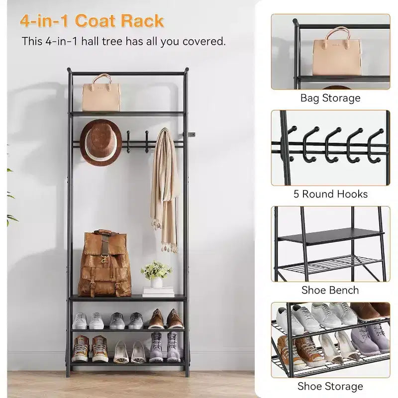 4-in-1 Hall Tree with Bench and Shoe Storage, Entryway Coat Rack with Hooks, Shelf, and Metal Frame Organizer