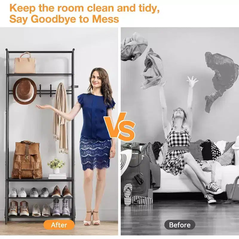 4-in-1 Hall Tree with Bench and Shoe Storage, Entryway Coat Rack with Hooks, Shelf, and Metal Frame Organizer
