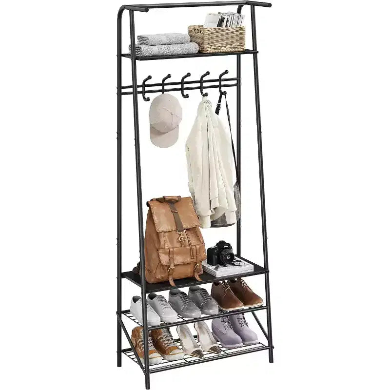 4-in-1 Hall Tree with Bench and Shoe Storage, Entryway Coat Rack with Hooks, Shelf, and Metal Frame Organizer