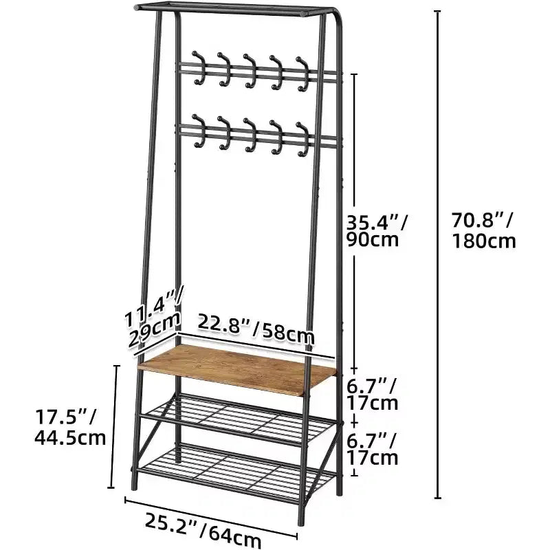 4-in-1 Hall Tree with Bench and Shoe Storage, Entryway Coat Rack with Hooks, Shelf, and Metal Frame Organizer