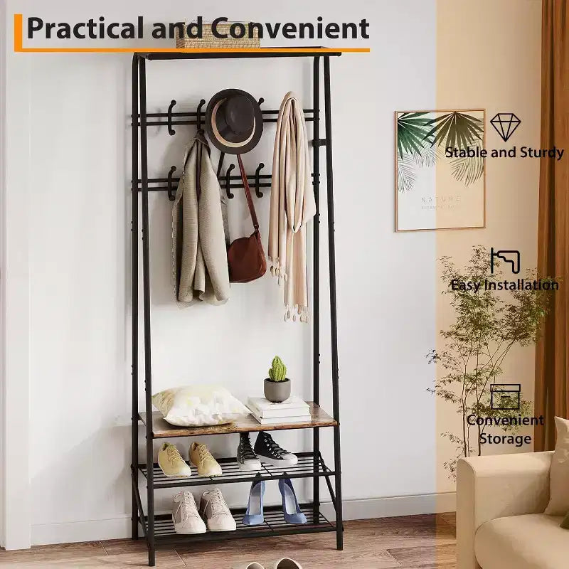 4-in-1 Hall Tree with Bench and Shoe Storage, Entryway Coat Rack with Hooks, Shelf, and Metal Frame Organizer