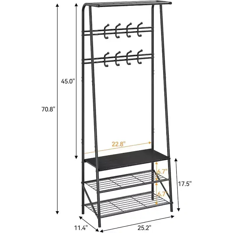 4-in-1 Hall Tree with Bench and Shoe Storage, Entryway Coat Rack with Hooks, Shelf, and Metal Frame Organizer