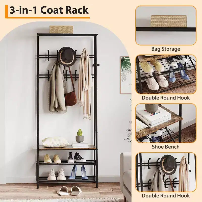 4-in-1 Hall Tree with Bench and Shoe Storage, Entryway Coat Rack with Hooks, Shelf, and Metal Frame Organizer