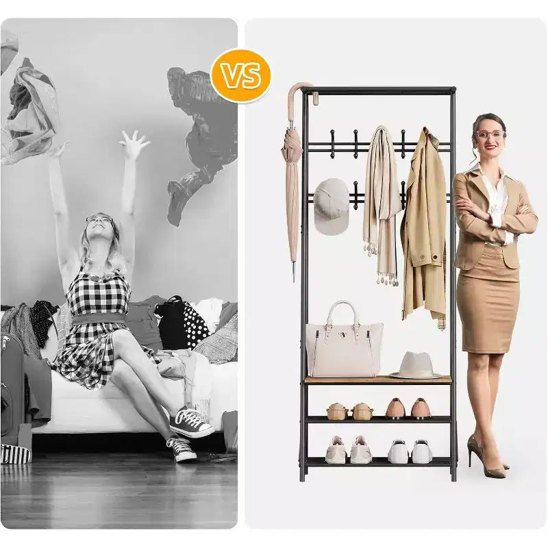 4-in-1 Hall Tree with Bench and Shoe Storage, Entryway Coat Rack with Hooks, Shelf, and Metal Frame Organizer