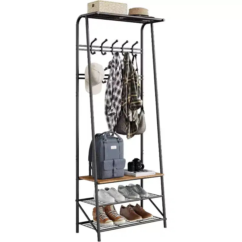 4-in-1 Hall Tree with Bench and Shoe Storage, Entryway Coat Rack with Hooks, Shelf, and Metal Frame Organizer