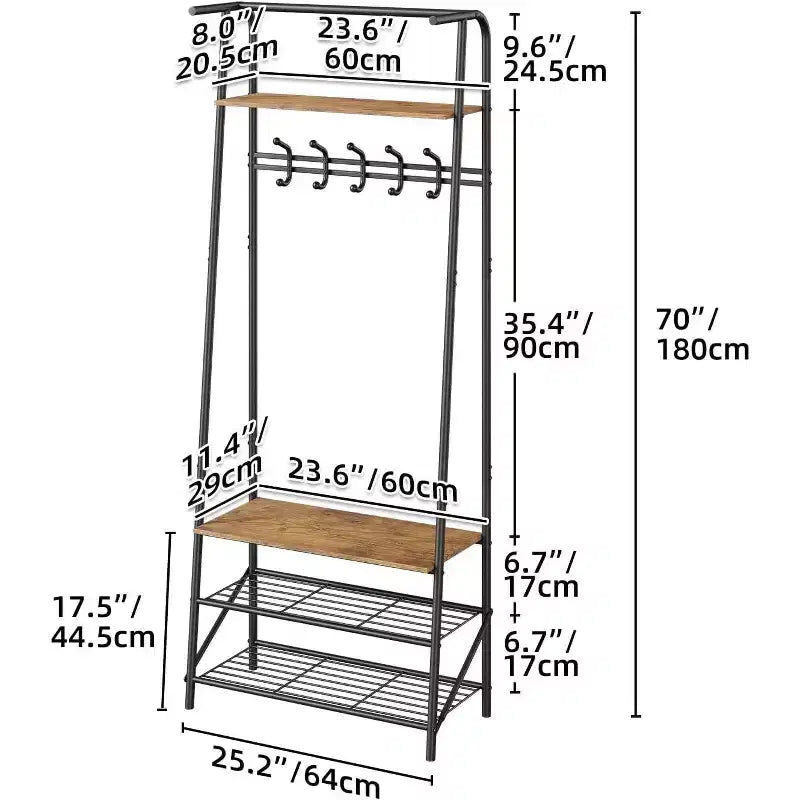 4-in-1 Hall Tree with Bench and Shoe Storage, Entryway Coat Rack with Hooks, Shelf, and Metal Frame Organizer