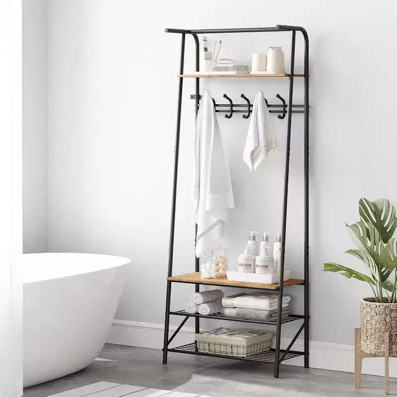 4-in-1 Hall Tree with Bench and Shoe Storage, Entryway Coat Rack with Hooks, Shelf, and Metal Frame Organizer