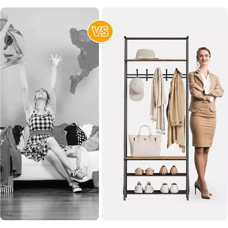 4-in-1 Hall Tree with Bench and Shoe Storage, Entryway Coat Rack with Hooks, Shelf, and Metal Frame Organizer