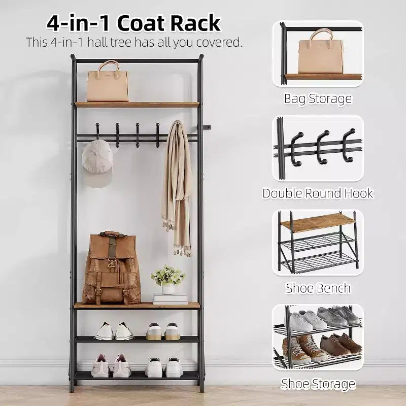 4-in-1 Hall Tree with Bench and Shoe Storage, Entryway Coat Rack with Hooks, Shelf, and Metal Frame Organizer