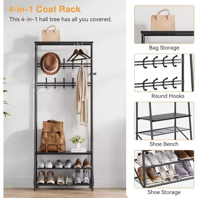 4-in-1 Hall Tree with Bench and Shoe Storage, Entryway Coat Rack with Hooks, Shelf, and Metal Frame Organizer