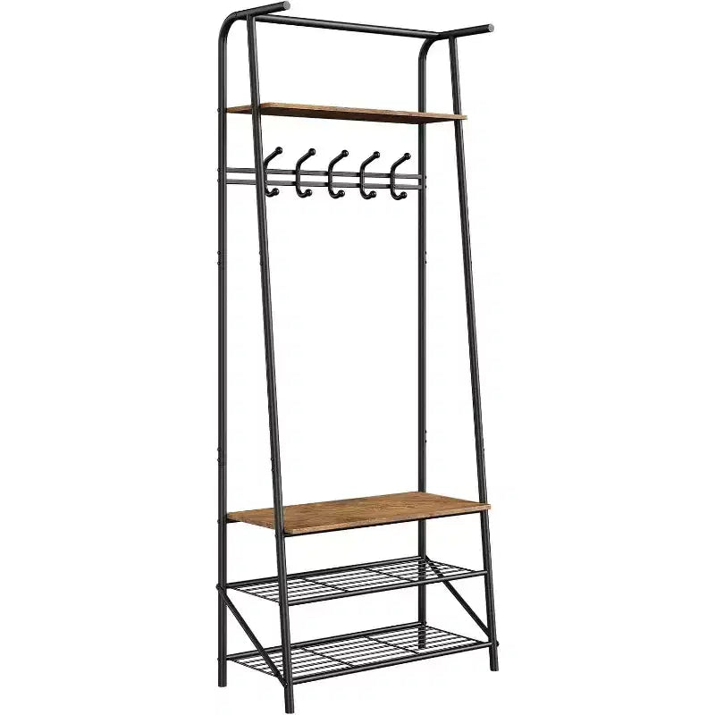 4-in-1 Hall Tree with Bench and Shoe Storage, Entryway Coat Rack with Hooks, Shelf, and Metal Frame Organizer