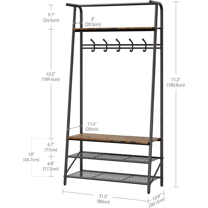 4-in-1 Hall Tree with Bench and Shoe Storage, Entryway Coat Rack with Hooks, Shelf, and Metal Frame Organizer