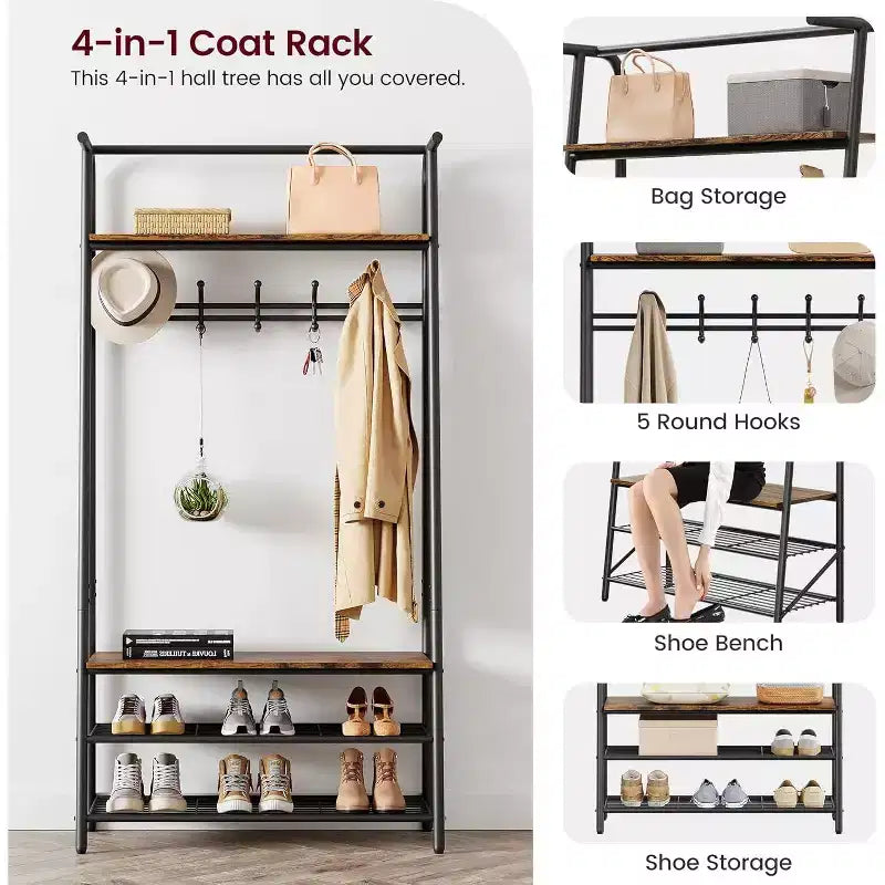 4-in-1 Hall Tree with Bench and Shoe Storage, Entryway Coat Rack with Hooks, Shelf, and Metal Frame Organizer